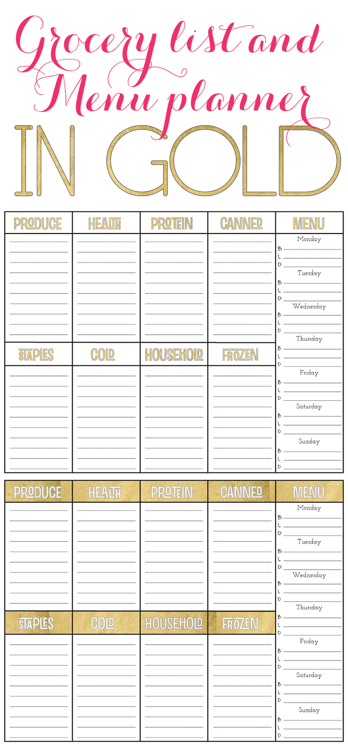 Menu Planner and Grocery List in GOLD! Your grocery shopping will never be the same...
