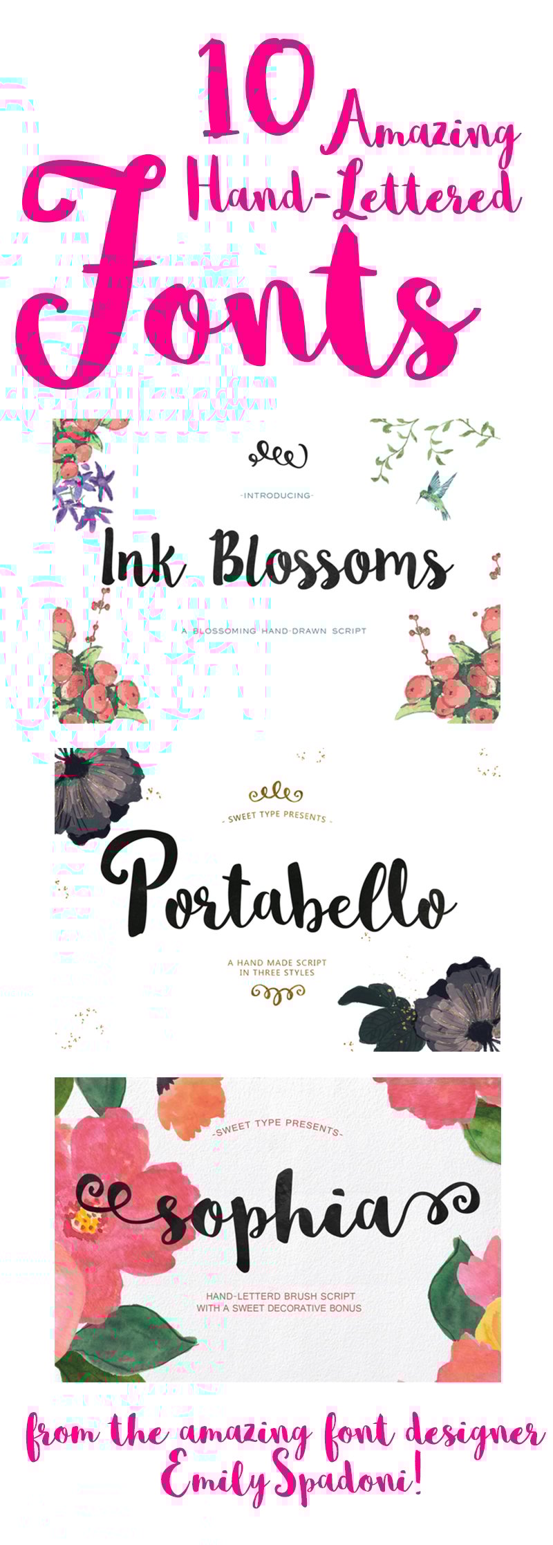 10 Amazing Hand Lettered Fonts from the AMAZING font designer, Emily Spadoni! 