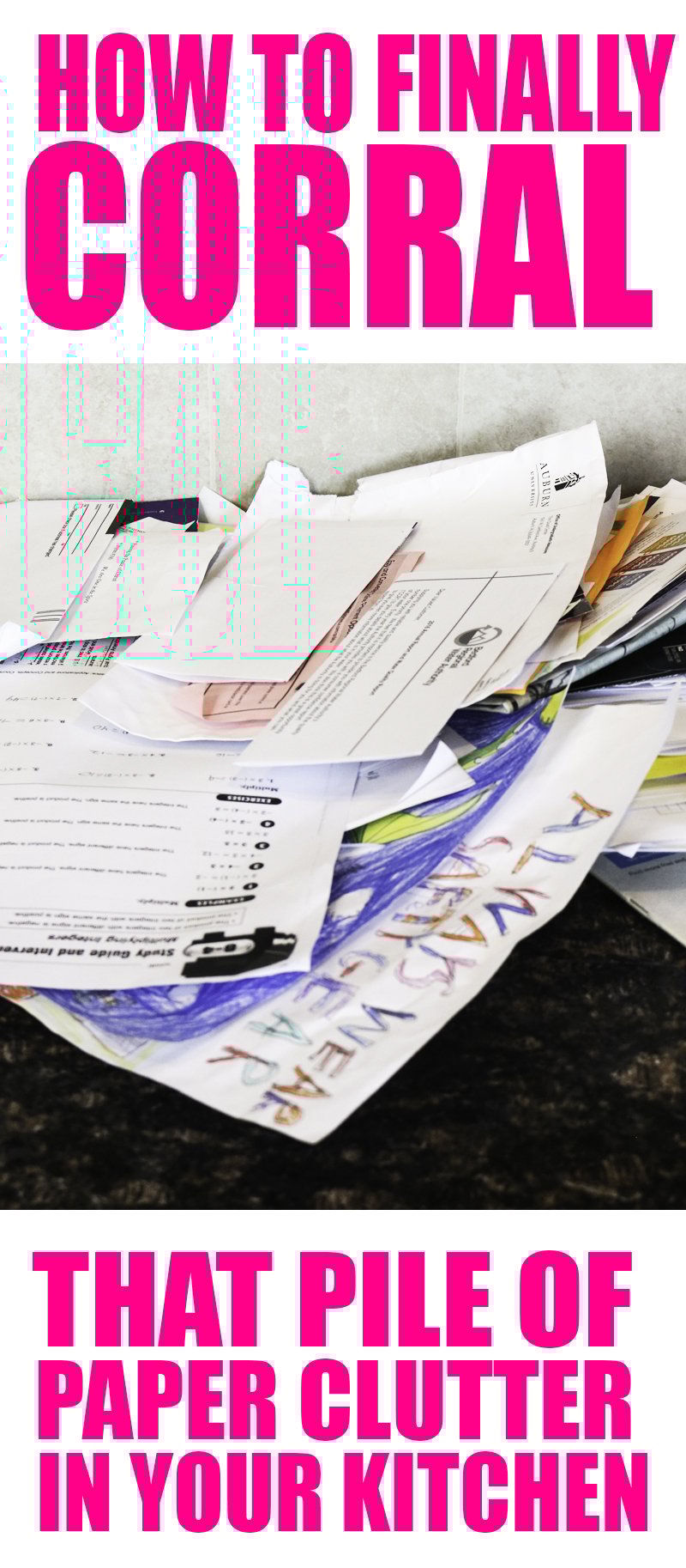 Hot to Organize Paper Clutter in your kitchen! This week we're dealing with all the mail, school paper and other junk that gets stuck on the counters and nobody wants to deal with it! This method saves my sanity every single day!