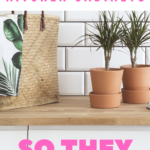 Kitchen counter with plants and straw purse