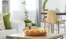 clean living room with white couch and coffee table with oranges in a tray