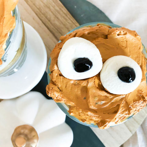 pumpkin spice mini trifles with marshmallows for eyes