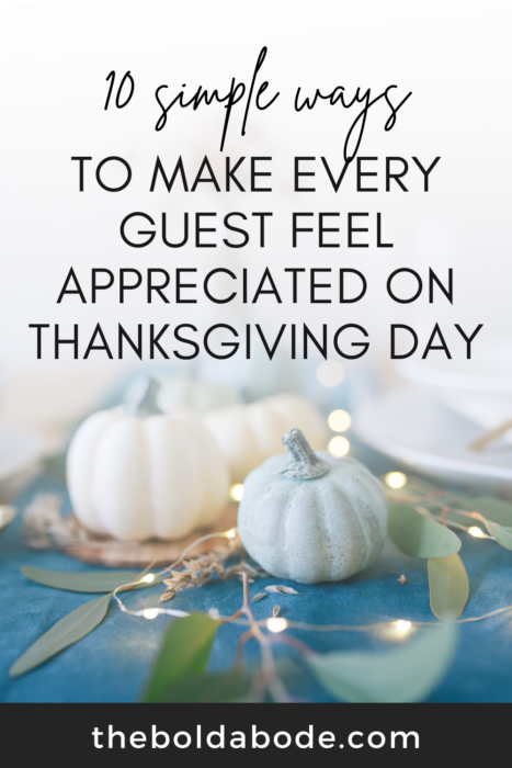 How to make every guest feel appreciated on Thanksgiving Pinterest image, with mini pumpkins and lights