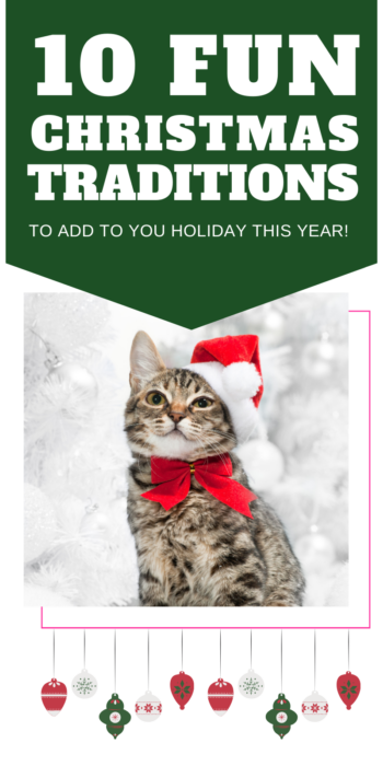 pinterest pin for 10 fun Christmas Traditions with image of a cat dressed in a santa hat