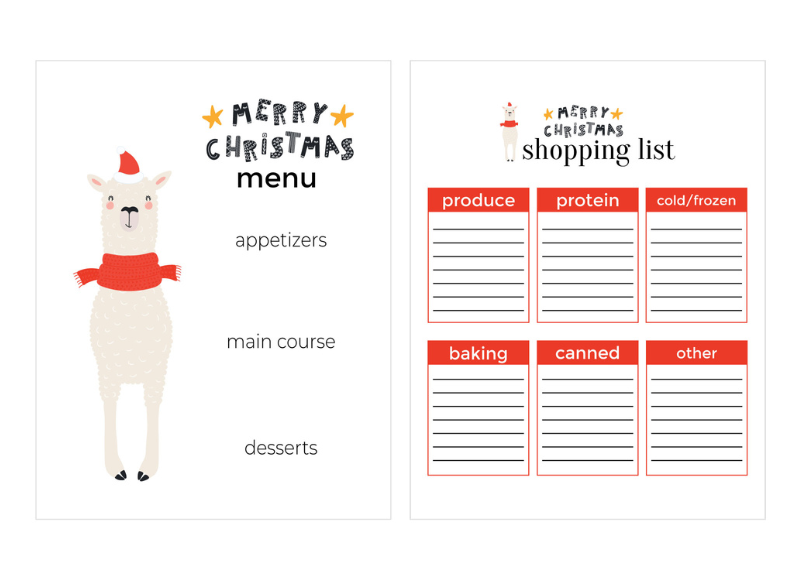 Christmas Menu Planner and Shopping List Printable
